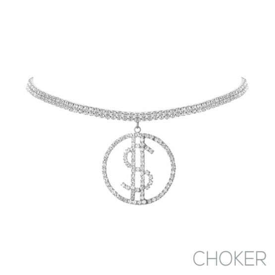 Jasmine Round Dollar Sign Choker, a luxurious statement piece with sparkling stones and bold dollar symbol, perfect for glamorous outfits.