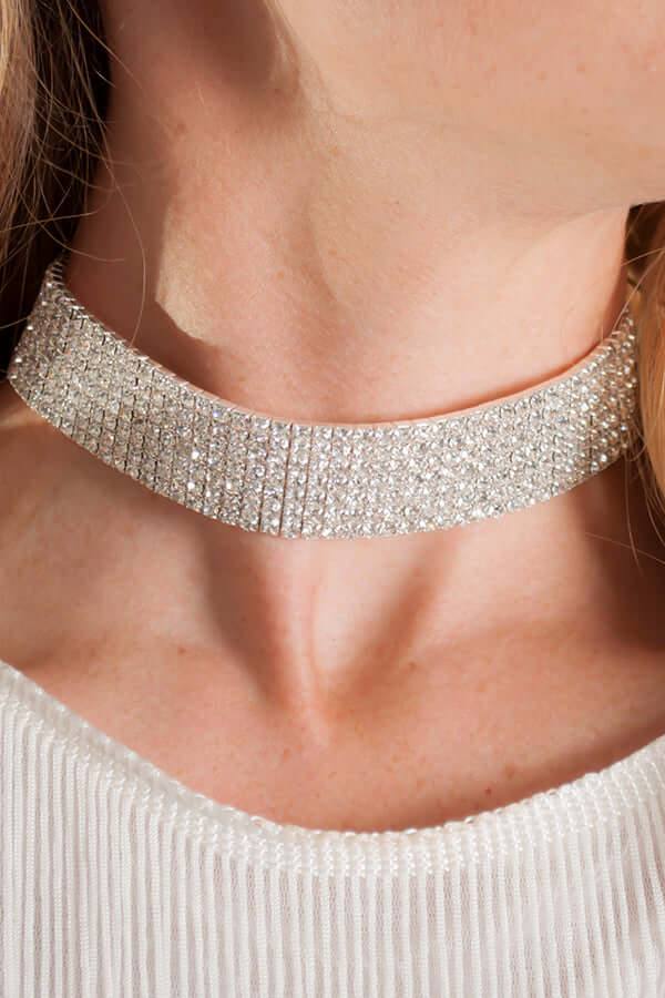 Close-up of the Katherine Stretchy Choker featuring a sparkling rhinestone design, perfect for adding elegance to any outfit.