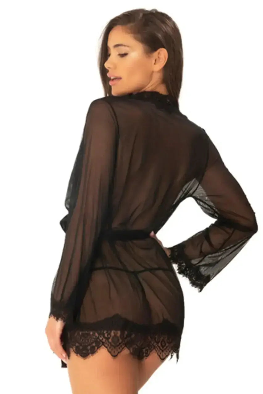 Bianca Sheer Shortie Robe in black, showcasing sheer elegance and delicate lace detail.