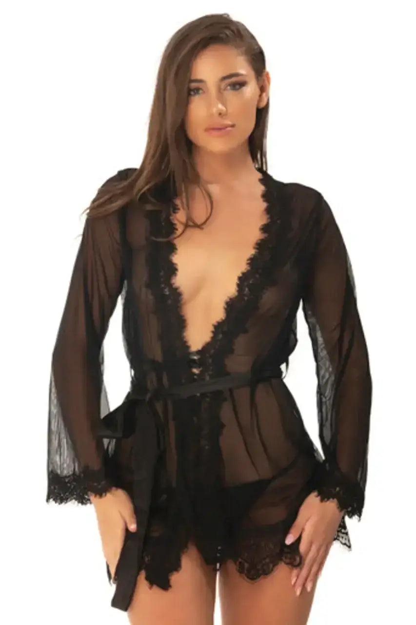 Bianca Sheer Shortie Robe in black lace, a luxurious sexy lingerie piece for women, perfect for intimate occasions.