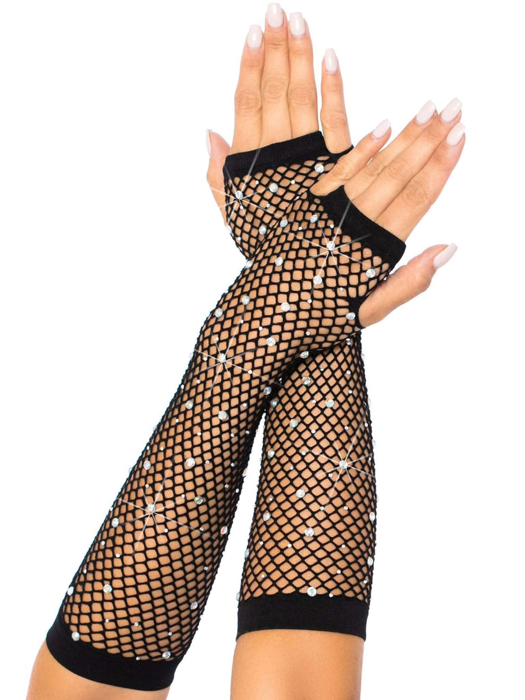 Chic Lucy Rhinestone Fishnet Arm Warmers featuring a glamorous fishnet design and sophisticated rhinestone embellishments.
