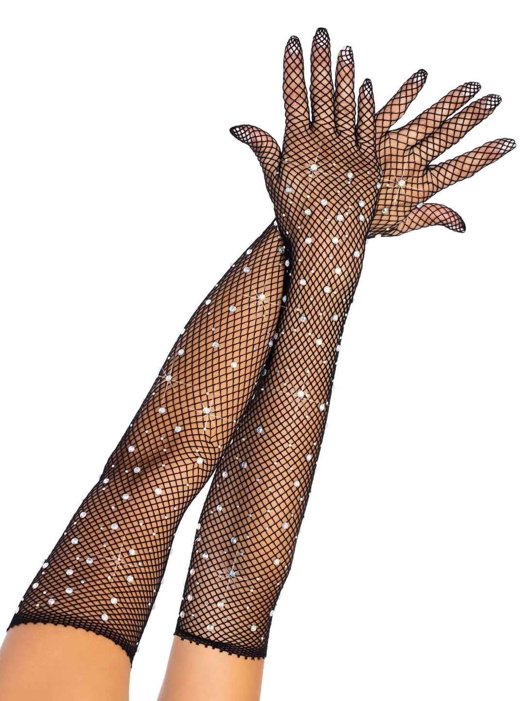 Sarah Rhinestone Fishnet Opera Length Gloves showcasing elegant black fishnet and sparkling rhinestones.