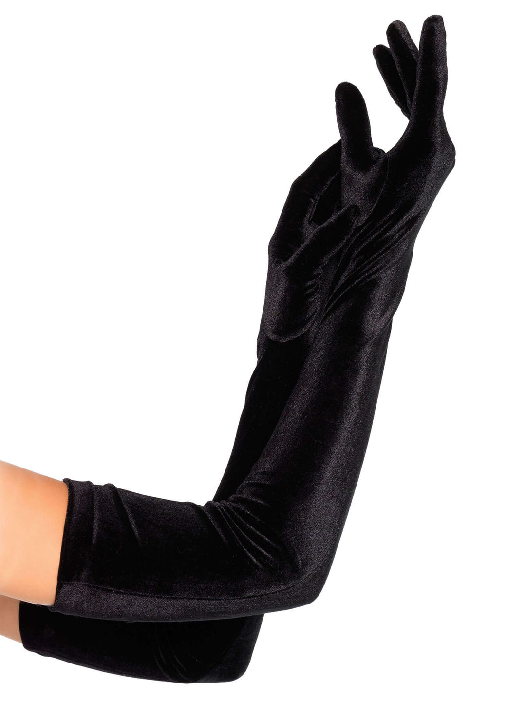 Elegant black velvet opera length gloves extending to the upper arm, showcasing vintage glamour and sophistication.