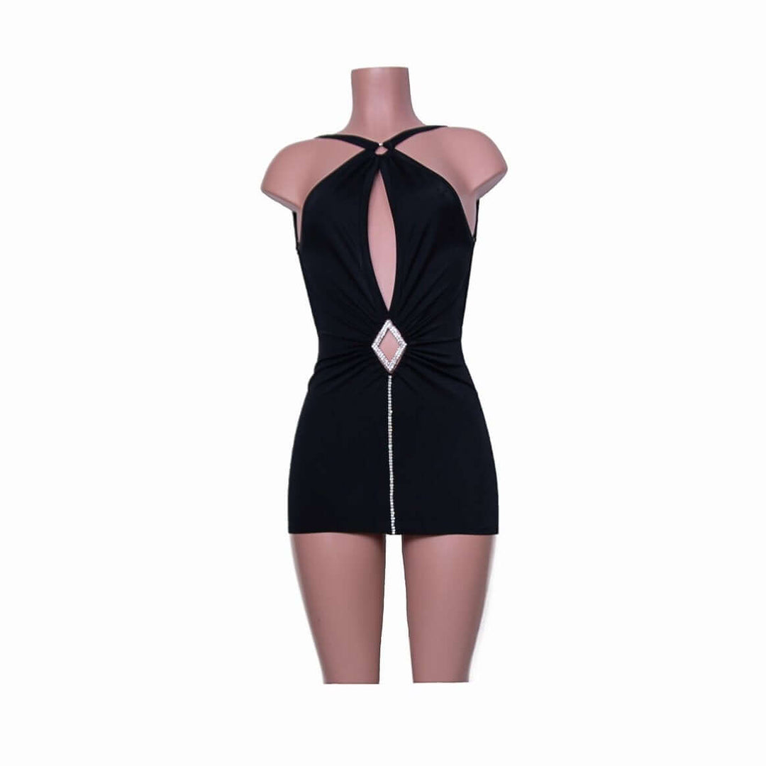 Aeliana low cut halter top dress with diamond rhinestone detail and cinch back, made of plain lycra fabric.