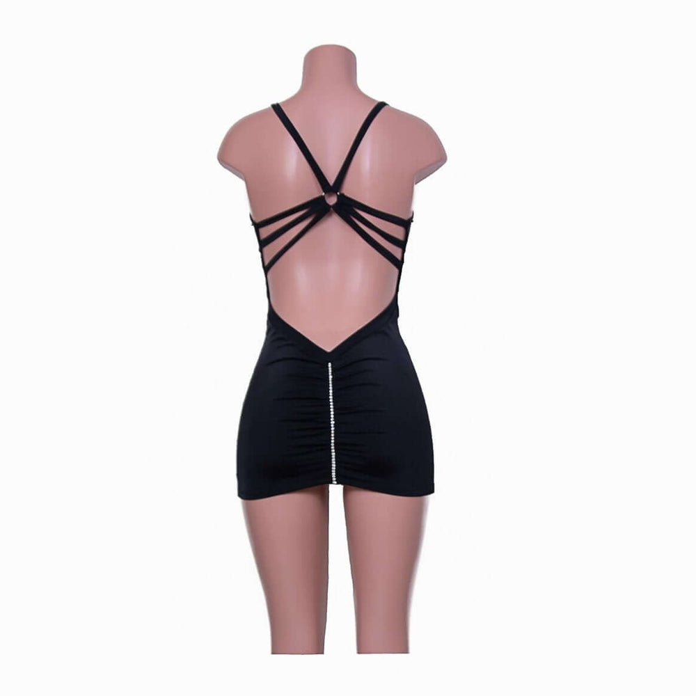 Back view of Seraphina rhinestone mini dress featuring sexy spider back design and gathered front detail.