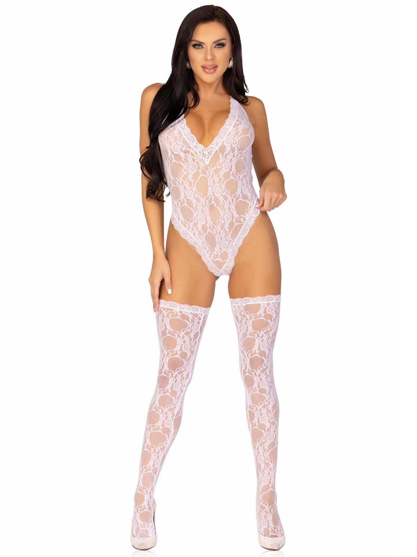 Aria 2PC.Floral Lace Deep V Teddy And Matching Stockings OS