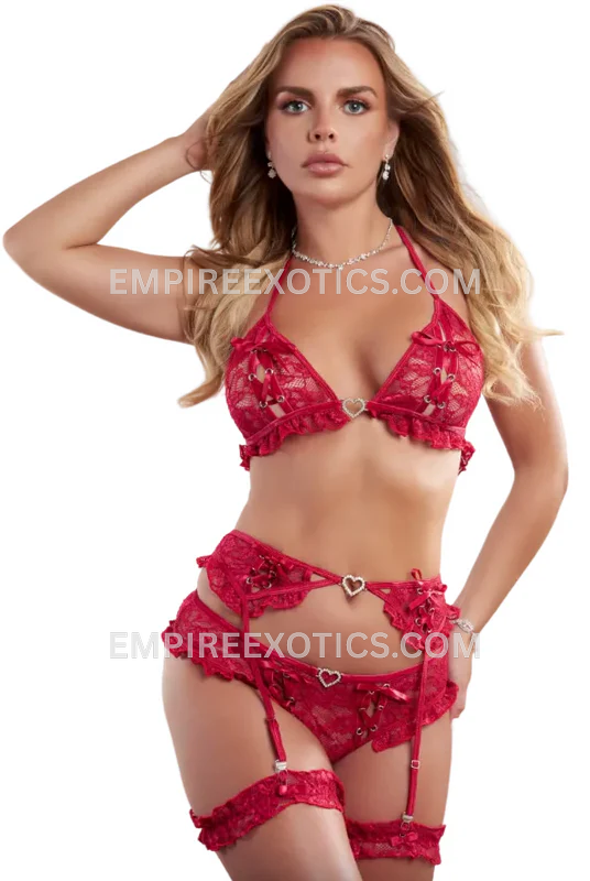 4pc Lace Up Bra, Garters & Panty