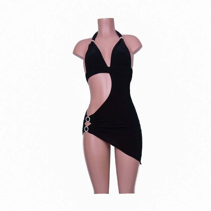 Calista cut out halter mini dress featuring adjustable rhinestone sliders and round buckles, made of soft jersey fabric.