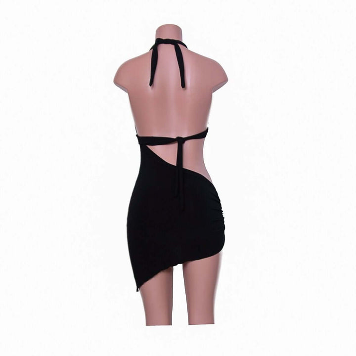 Back view of Calista cut out halter rhinestone mini dress, featuring adjustable sliders and a stylish design.