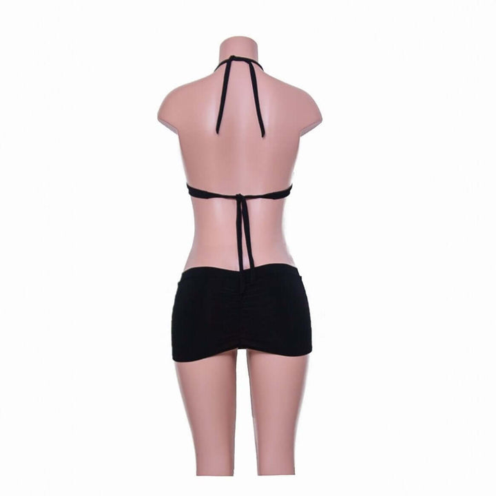 Back view of Amaranthe padded push-up mini dress with halter neck and soft jersey material, featuring a stylish design.