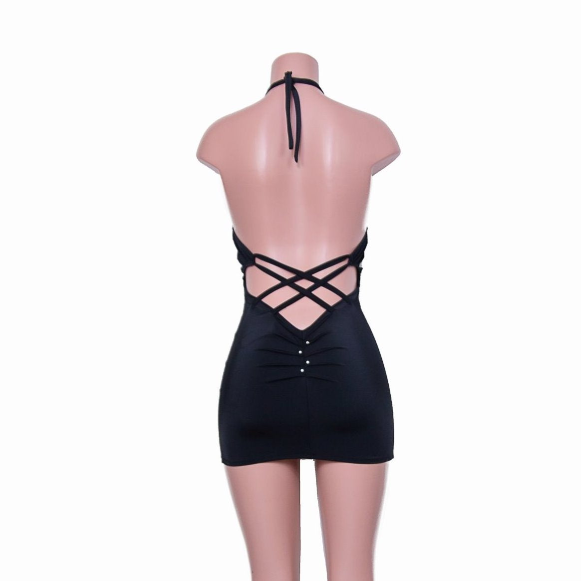 Isolde - Line High Neck Halter Rhinestone Mini Dress