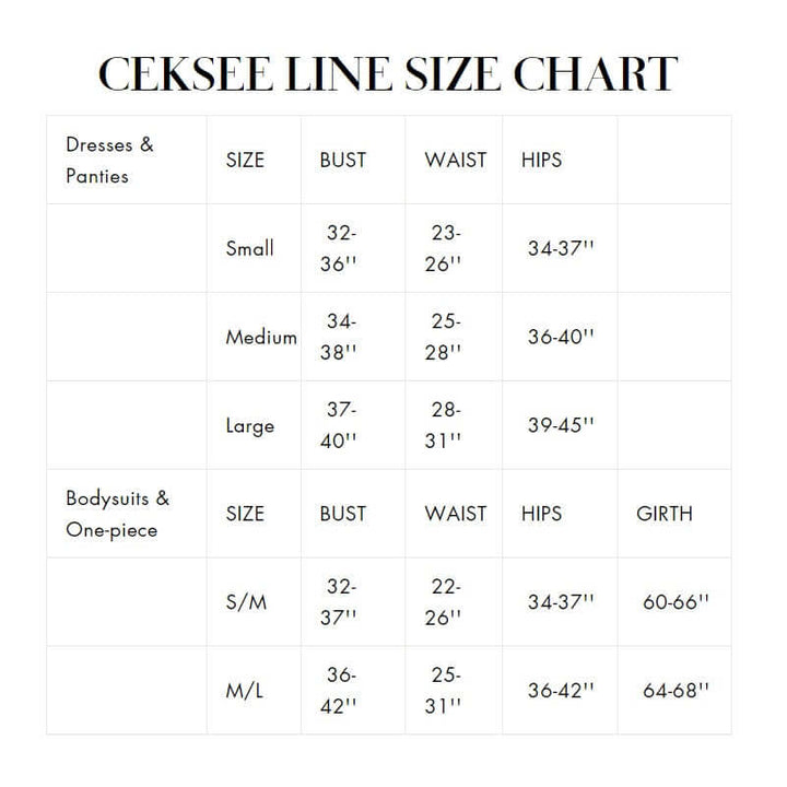 CEKSEE size chart for dresses and bodysuits, detailing measurements for bust, waist, hips, and girth.